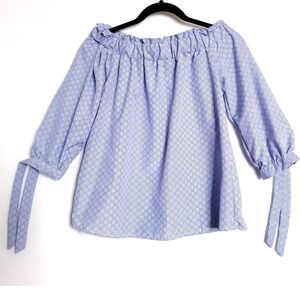 Love Notes Off Shoulder Blouse Womens M Blue White Gingham Tie Sleeve Bardot Top